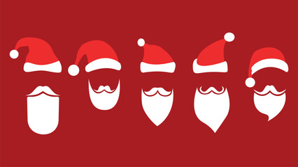 Set of Santa Claus faces with beards and hats. Isolated on red background. Christmas and New Year concept. Vector - obrazy, fototapety, plakaty