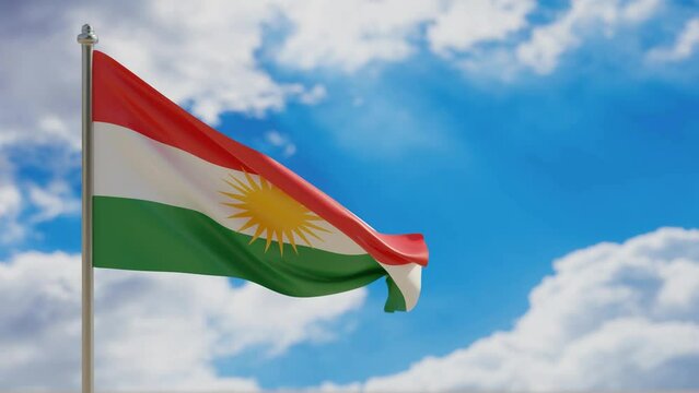 Kurdistan country national flag waving on blue sky background. 3d video footage