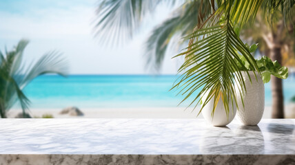 Marble table and blurred sea palm trees in a background, product display, ai generative