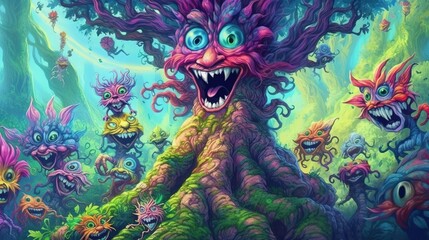 Friendly tree spirits living in a magical forest . Fantasy concept , Illustration painting.