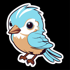 Cute little bird sticker, isolated on black background, vector illustration.