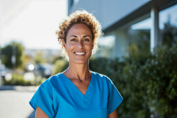 A nurse posing outdoors in summer sun in front of a hospital. - obrazy, fototapety, plakaty