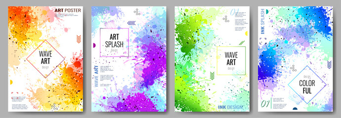 Set of bright posters. Paint colorful set. Color splash of paint. Colorful splashes on a white background. Design of poster, banner, background, cover, postcard, brochure. Vector illustration.