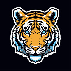 Tiger sticker, isolated on black background, vector illustration.