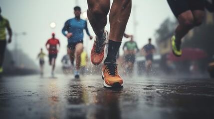 Close-up feet of group runner running marathon on the road in the urban during rain fall and sunset.