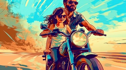 Father teaching his daughter how to ride a bike . Fantasy concept , Illustration painting.