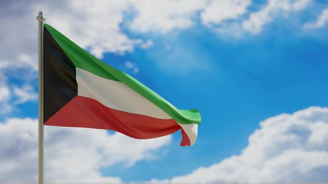 Kuwait country national flag waving on blue sky background. 3d video footage