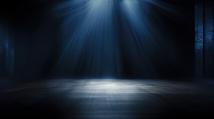 Obraz premium Empty night gloomy scene, moonlight rays, blue neon, smoke, smog. AI generation