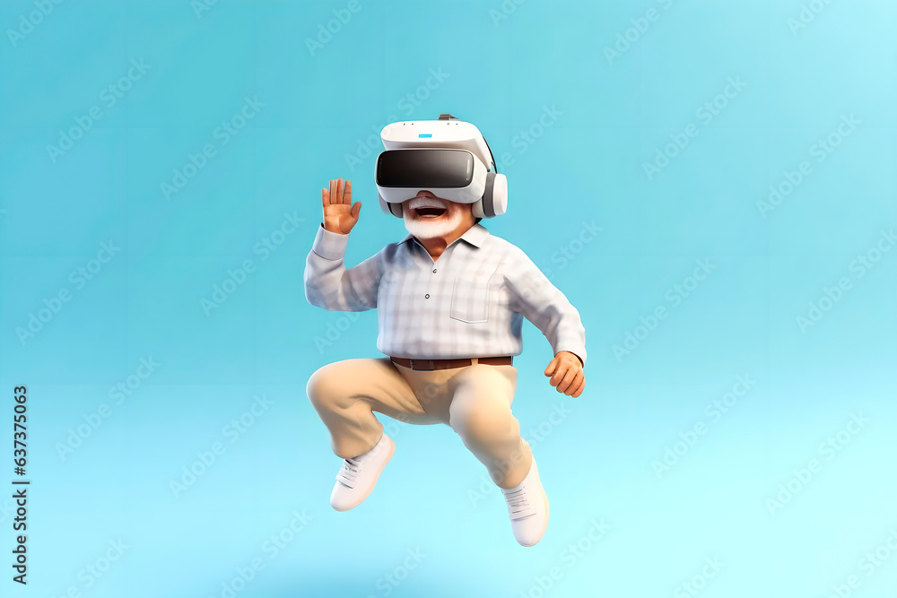 Poster an old active man with a gray beard in a jump with a headset and headphones gets a virtual experienc