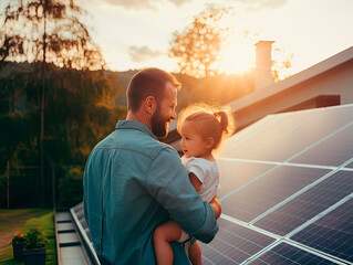 Rear view of dad holding her little girl in arms and showing at their house with installed solar panels. Alternative energy, saving resources and sustainable lifestyle concept. - obrazy, fototapety, plakaty
