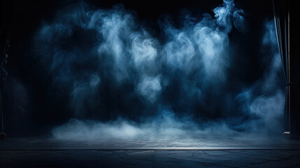 Empty night gloomy scene, moonlight rays, blue neon, smoke, smog. AI generation