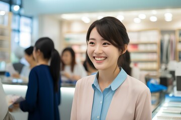백화점 생활용품 매장에서 일하는 한국인 여성 점원이 손님과 대화를 나누며 미소 짓고 있는 모습 - obrazy, fototapety, plakaty