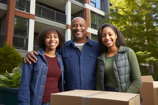 African American Black College Student Moving To Dorm With Parents Helping With Moving Crates