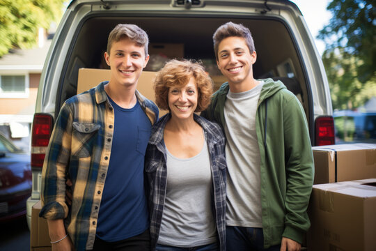 College Students Leaving Family Home With Mother And Son In Front Of Moving Van Filled With Moving Crates