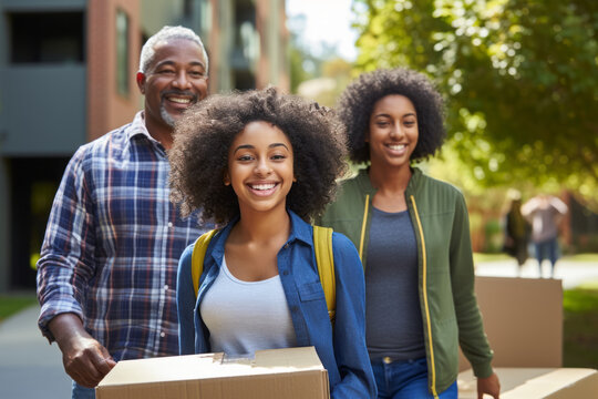 African american black college student moving to dorm with parents helping with moving crates