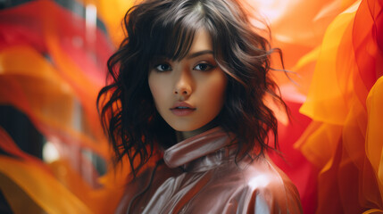 Fototapeta premium Stylish portrait of an asian gorgeous girl , high key , seventies psychedelic dreamscape style