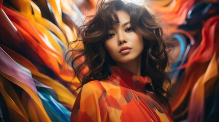 Fototapeta premium Stylish portrait of an asian gorgeous girl , high key , seventies psychedelic dreamscape style