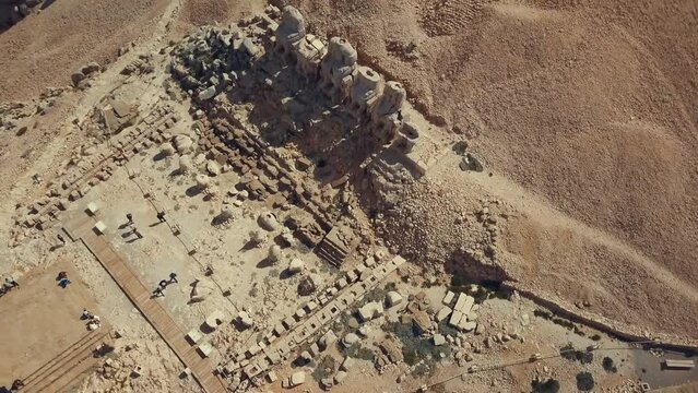 Historical statues on the eastern terrace of Mount Nemrut, a UNESCO cultural heritage site
