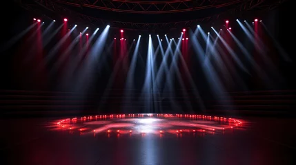 Fotobehang Empty night show stage, spotlight beams and diodes, red neon light, reflections. AI generation © MiaStendal