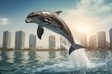 a dolphin jump off water with cityscape as background
