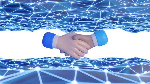 3D cartoon handshake on big data network connection technologies background, artificial intelligence technology, innovation and futuristic. Collaboration in the digital world parnership. 3d render