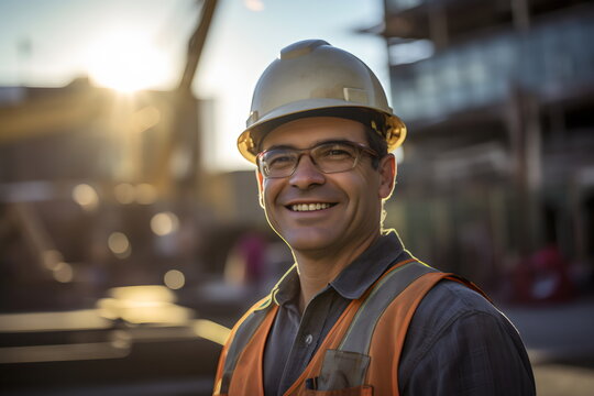 portrait of smiling male engineer on site wearing hard hat, high vis, and ppe
