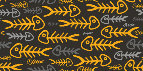 Fish skeletons. Texture line art. Vector seamless pattern.