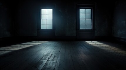 Empty dark room with a window, moonlight through the window, shadows, rays of light. AI generation