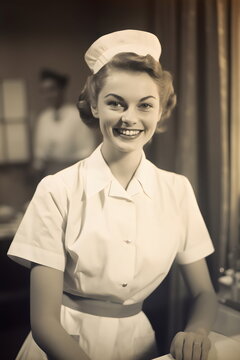vintage portrait of smiling nurse in black and white sepia photo style