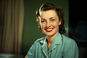vintage portrait of smiling brunette nurse in technicolor photo style