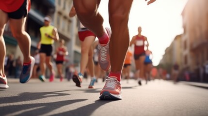 Close-up feet of group runner running marathon on the road in the urban during rain fall and sunset.