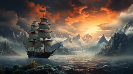 a ship sailing in a beautiful sunset with the ocean, illustration