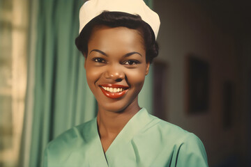vintage portrait of smiling poc nurse in technicolor photo style