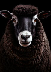 Animal portrait of a black sheep on a black background conceptual for frame