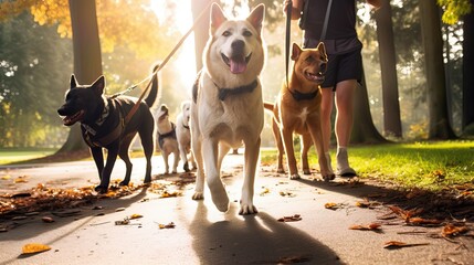 Plakat Professional Dog Walkers. Dog Walking Business, Services. Professional dog walker, pet sitter walking with different breed and rescue dogs on leash at city park