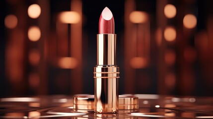 Luxurious lipstick in a rose gold case with deep red shade - obrazy, fototapety, plakaty