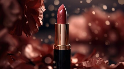 Luxurious lipstick in a black and rose gold case with deep red shade - obrazy, fototapety, plakaty
