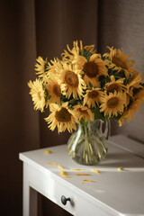 Still-life. Photo of a bouquet of yellow sunflowers.