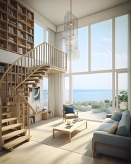 An image of a double-height living room with a beachy and coastal theme. The room features a natural wood staircase leading to the second level, which has a built-in bookshelf and a seating area wi