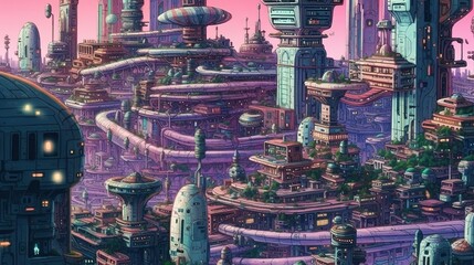 city in a sci-fi setting . Fantasy concept , Illustration painting.