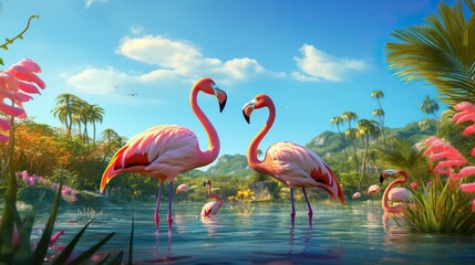 Two flamingos standing in lake. Birds with pink plumage in garden with green trees and flowers modern wallpaper.