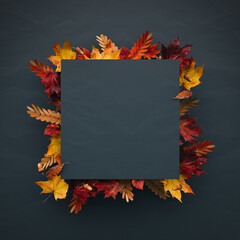 Autumn mockup banner. Empty blue paper podium decorated with colorful autumn leaves on blue background. 3D Rendering, 3D Illustration