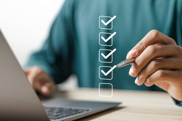 Checklist concept. Businessman making a corporate survey checklist. Complete checklists, digital...