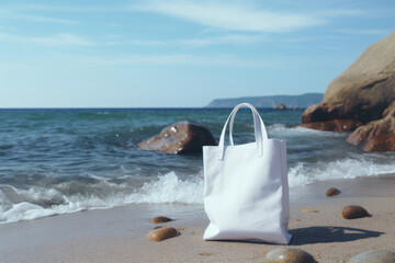 Fototapeta na wymiar A white bag with handles stands on the beach on the sand