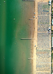 Italy. Lido di Jesolo. Europe, Venice. Beach with umbrellas. Summer. A shot from the top. Aerial view birds eye - 637379833