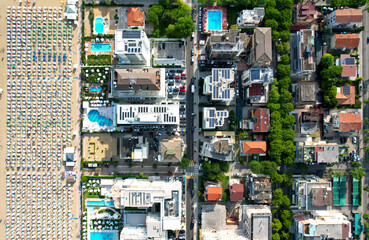 Italy. Lido di Jesolo. Europe, Venice. Beach with umbrellas and hotels. Summer. A shot from the top. Aerial view birds eye - 637379863