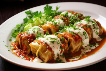 Cabbage rolls in cabbage leaves and tomato sauce