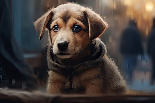 Homeless puppy in hoodie photo realistic illustration - Generative AI.
