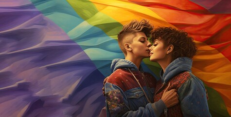 Two lesbian women hugging with the lgbt rainbow flag on background