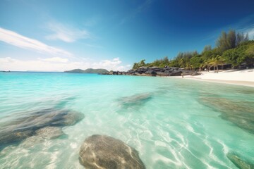 A picturesque beach with crystal clear blue water and rocky formations